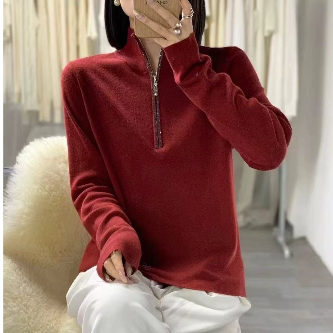 新款修身显瘦百搭气质半拉链烫钻女式羊毛衫24DAK1188