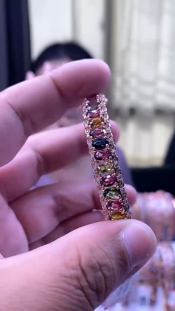 手镯银S925镶嵌碧玺345345354354345