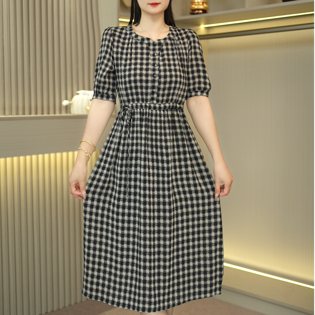【经典格子】常规A字裙夏季收腰连衣裙复古印花法式显瘦吸汗