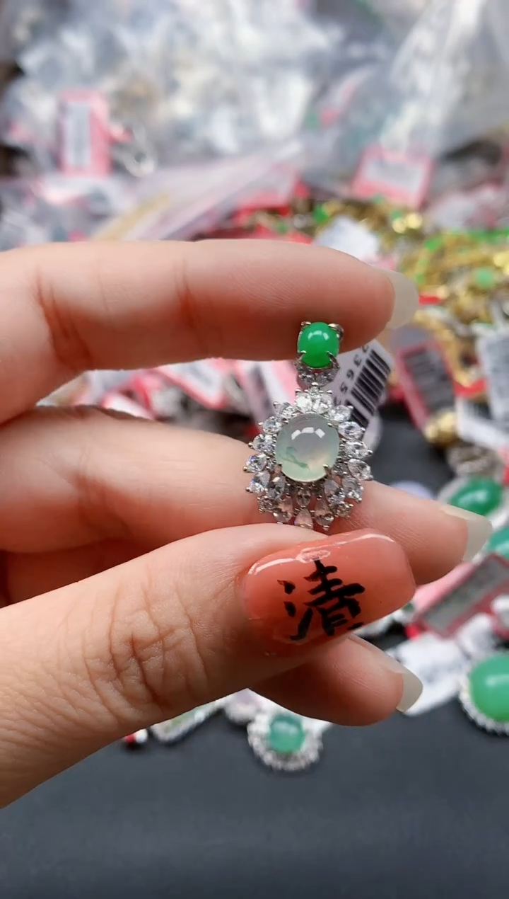 银S925镶嵌戒指翡翠天然A货缅甸翡翠