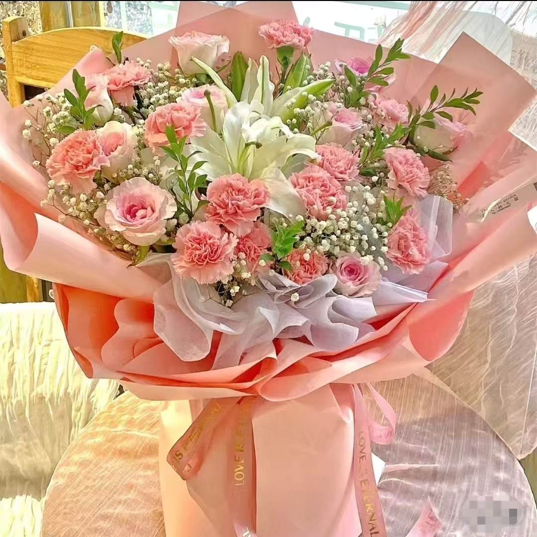 【幸福陪伴】19朵粉色康乃馨玫瑰百合混搭鲜花送长辈母亲生日礼物