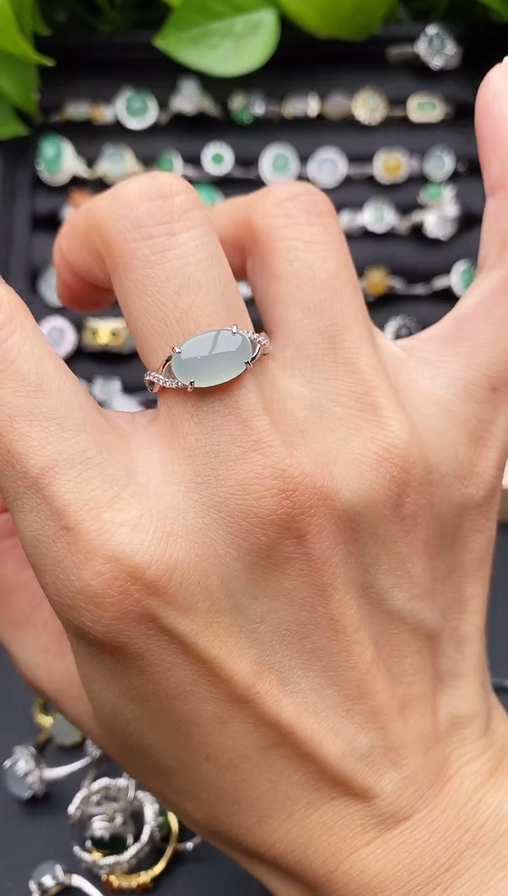 【闪购商品】翡翠戒指银S925镶嵌缅甸天然A货翡翠222   6-10