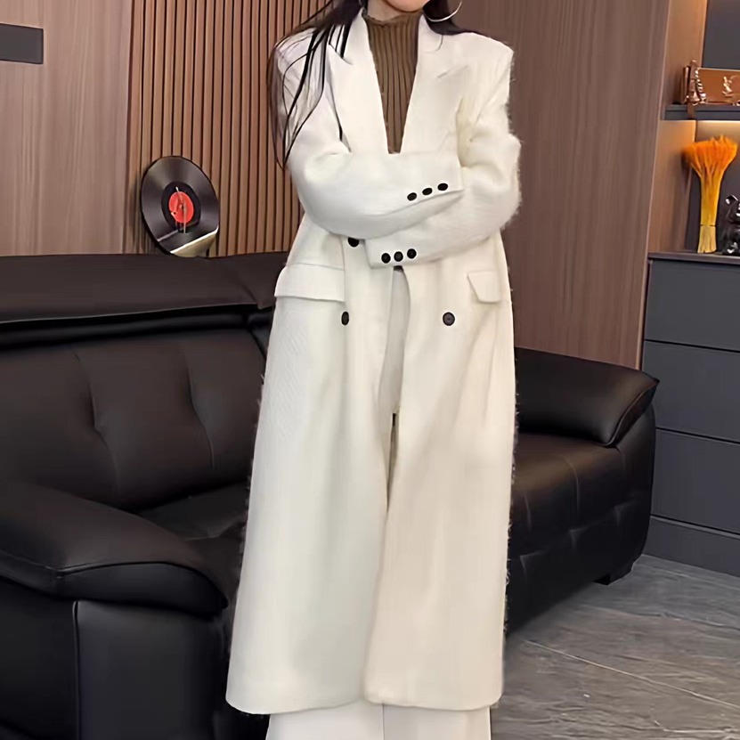 简约高级夹棉毛呢大衣外套气质显瘦时尚中长款秋冬冬季洋气白色