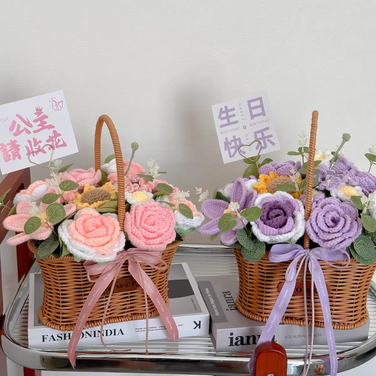 手工编织玫瑰向日葵毛线花束成品手提花篮送闺蜜妈妈老师生日礼物