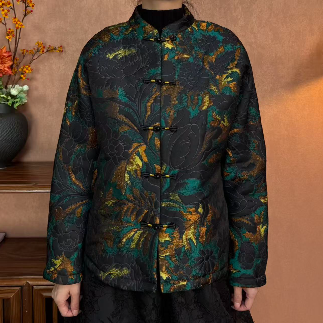 厚款油画棉服棉衣棉袄民族风立领女装国潮中国风提花盘扣