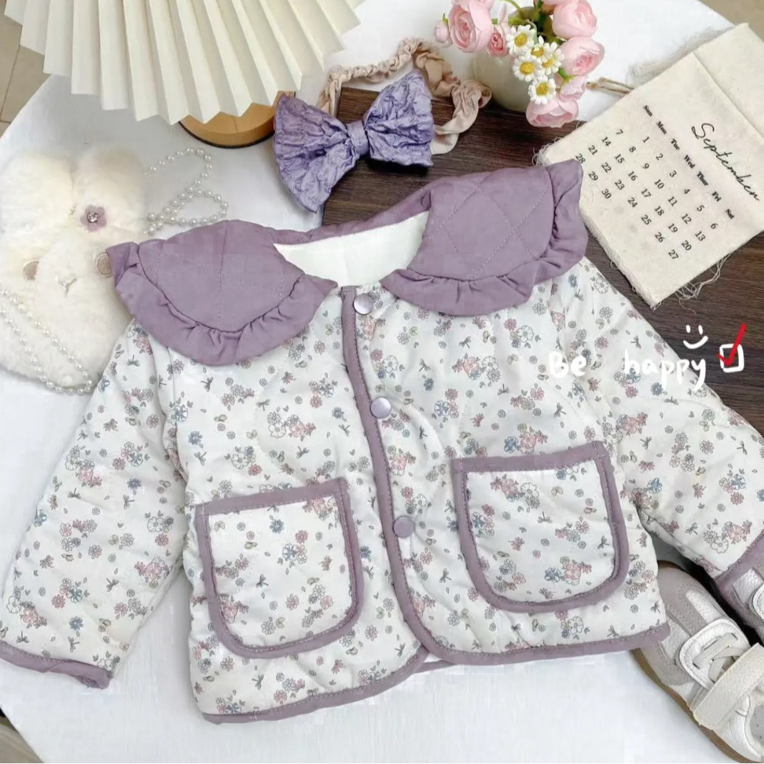 【芋泥啵啵】冬款加厚款紫领双兜碎花极简风女宝外套棉袄WL-X-D502