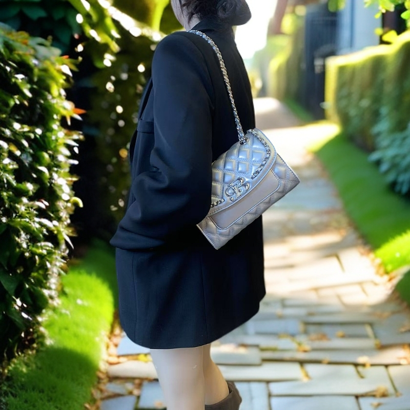 2025-3月上新款菱格链条质感小包小香风时尚斜挎单肩7059-银色