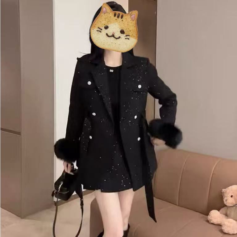 5290名媛风西装领加棉毛呢外套女2025冬季新款精致毛毛袖大衣NJ