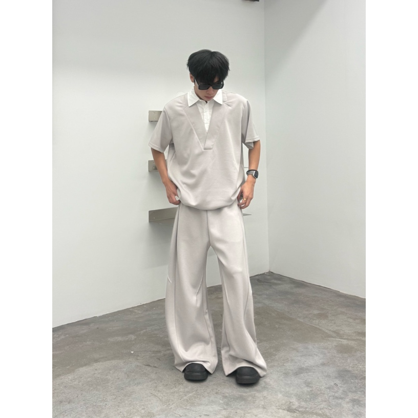 休闲短袖Polo衫情侣宽松型港风夏季假两件纯色宽松套装TZ6095