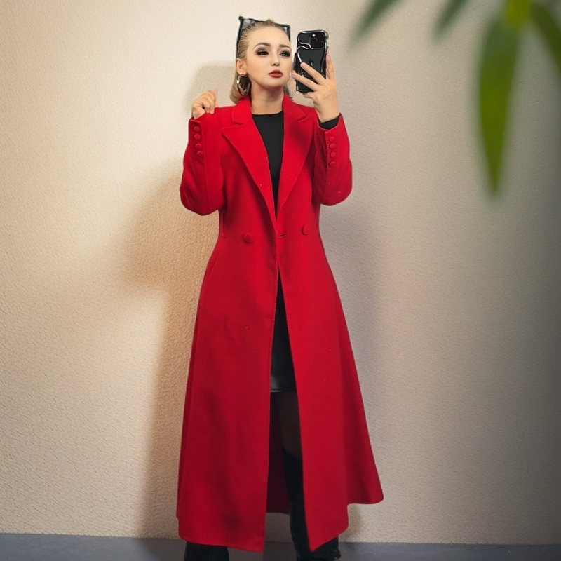 双面西装领毛呢长款外套红色显瘦毛呢外套免烫秋冬单扣系带款