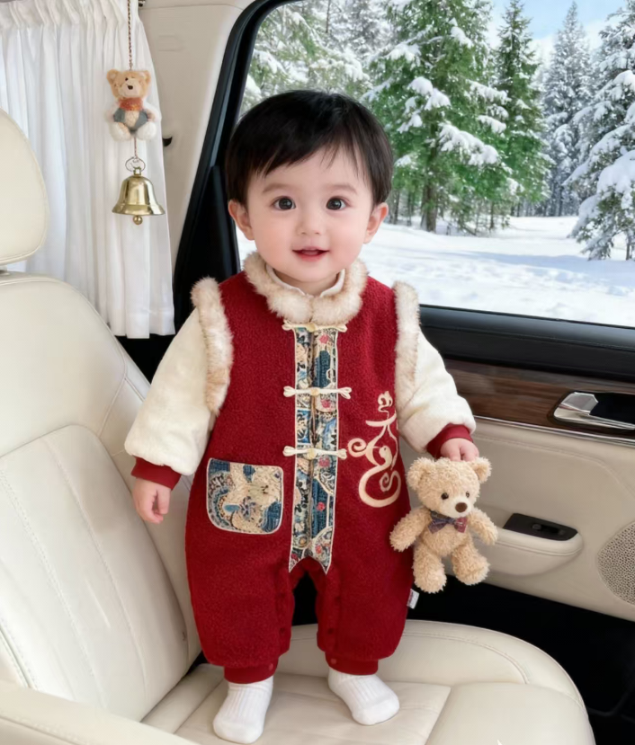 国潮立领夹棉连体衣拜年服小月龄宝宝新中式厚棉哈衣