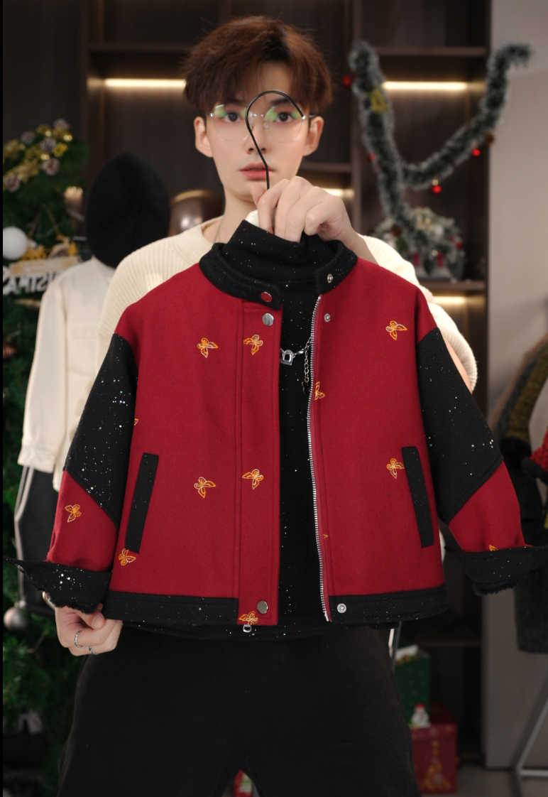 红色亮闪蝴蝶拼接毛呢2025新款男女童立领夹绒毛呢韩版外套25880