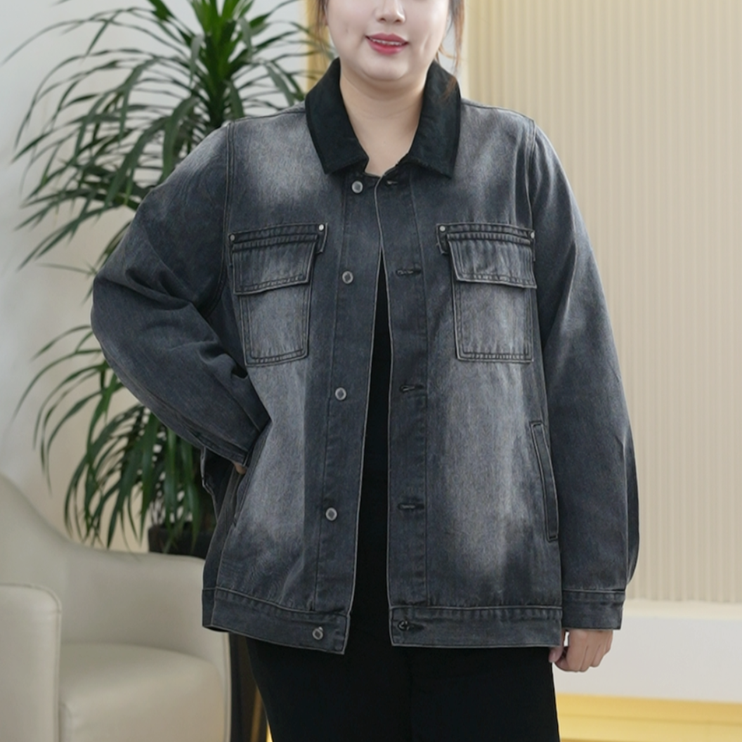 津巴布韦棉牛仔外套巴恩风灯芯绒门襟翻领大码水洗撞色秋季夹克女