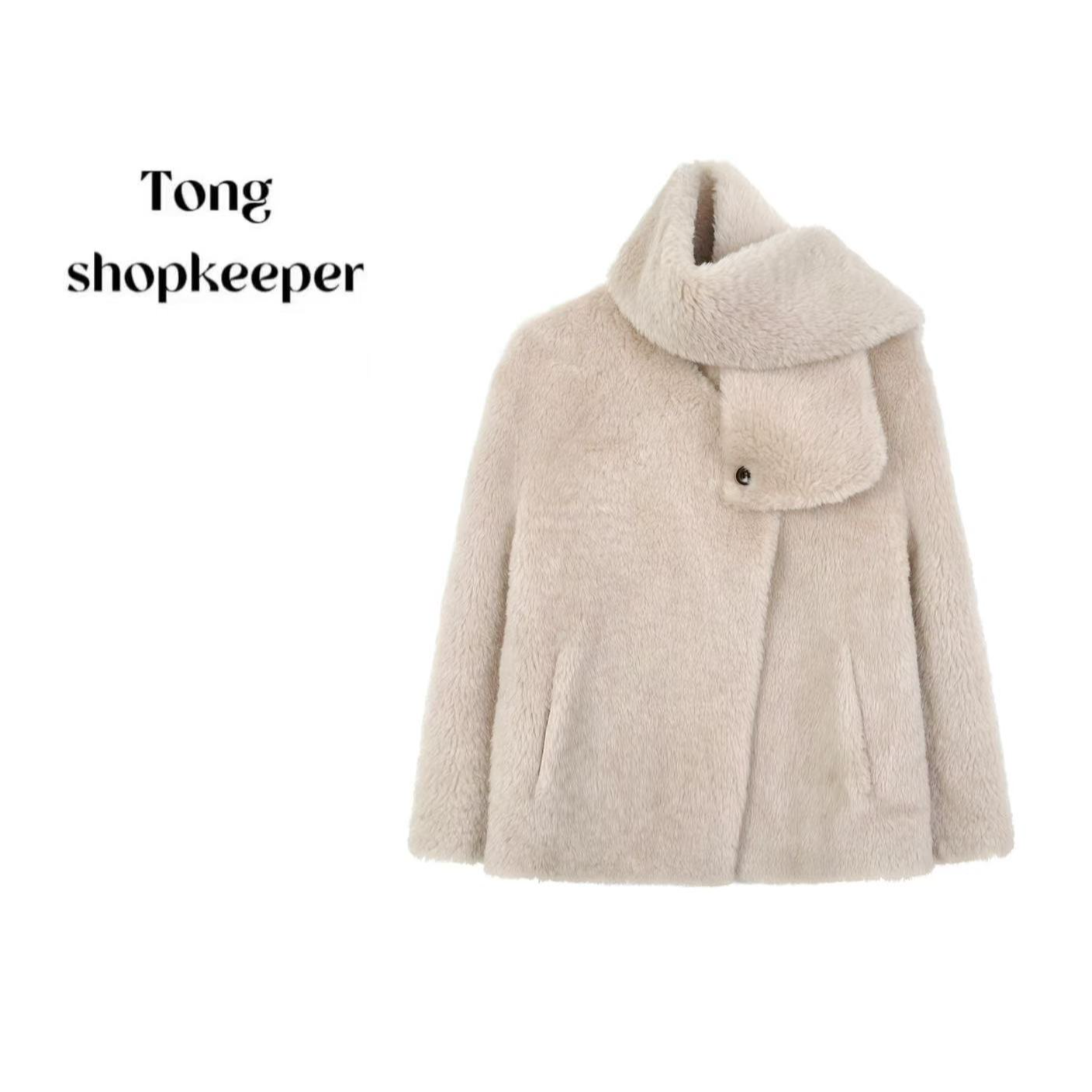 QJ/彤掌柜1683120 冬款高定100绵羊毛麂皮绒静奢风围巾领软糯外套