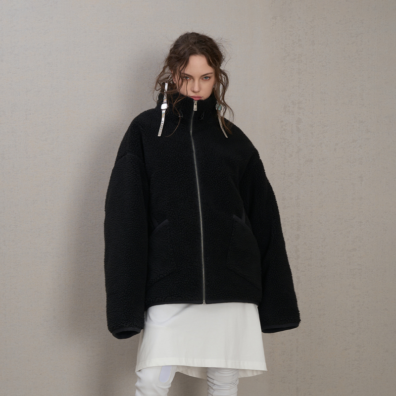 河岸家设计师SENSEAWEEK立领循环时钟印花羊羔毛外套女25秋冬