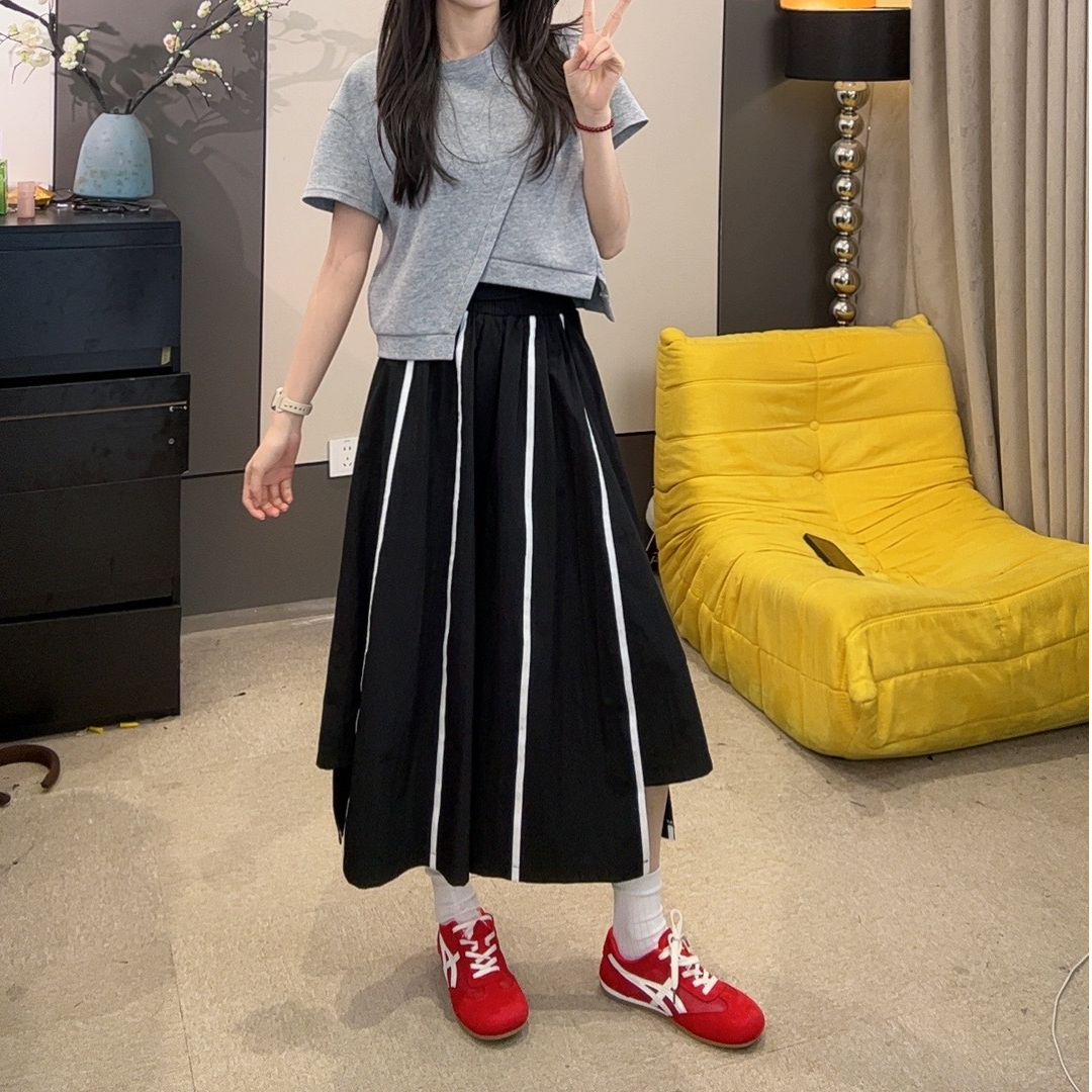 蔡小姐2025夏季新款条纹小众时尚拼接休闲裤松紧腰百搭显瘦九分裤