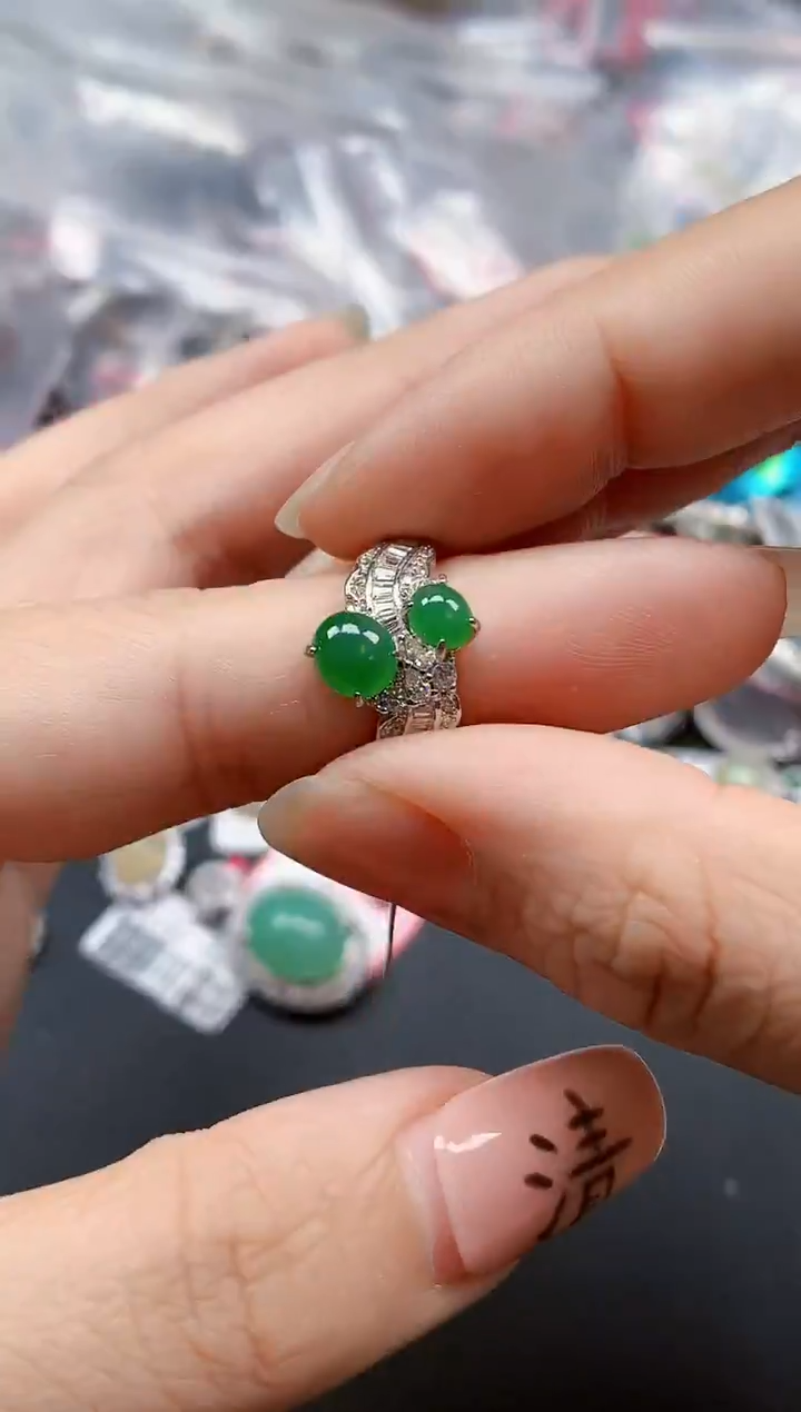 银S925镶嵌戒指翡翠天然A货缅甸翡翠