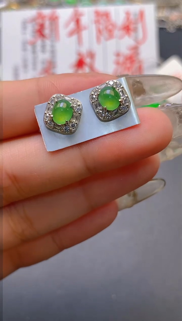 【闪购商品】翡翠耳饰银S925镶嵌天然A货翡翠1