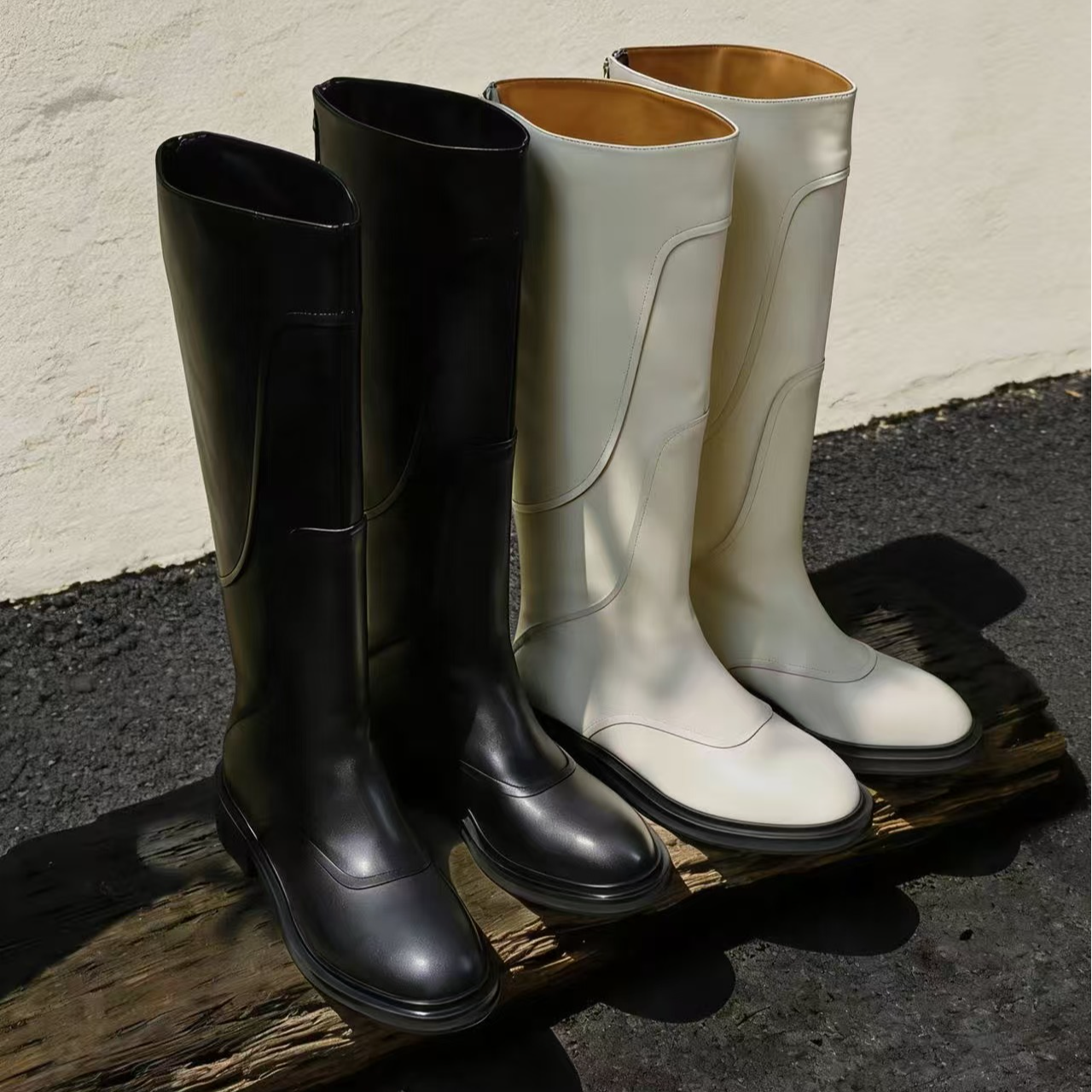 【竹子】大筒围腿粗加宽加大头层牛皮米白色大筒围骑士靴真皮秋冬