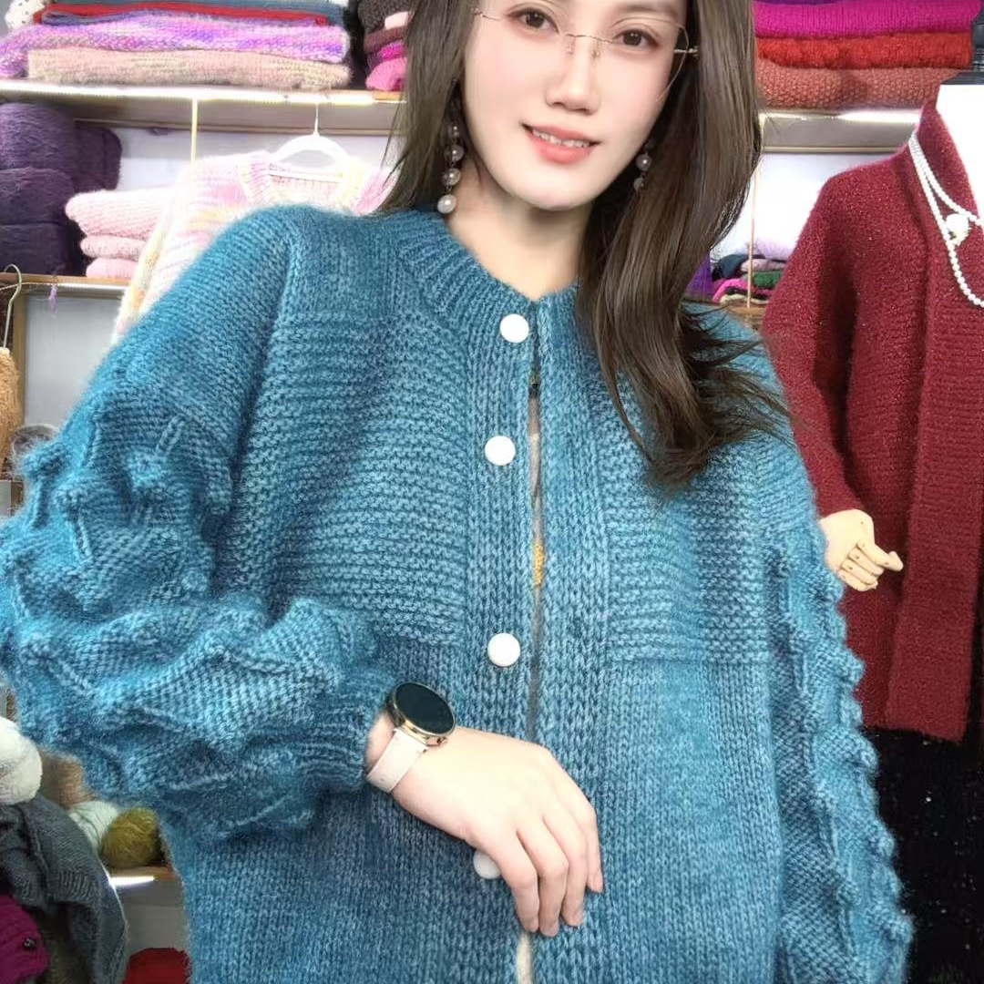 【泡泡袖圆领V领】款纯色靓丝绒中粗围巾帽子毛衣手工编织手编柔软