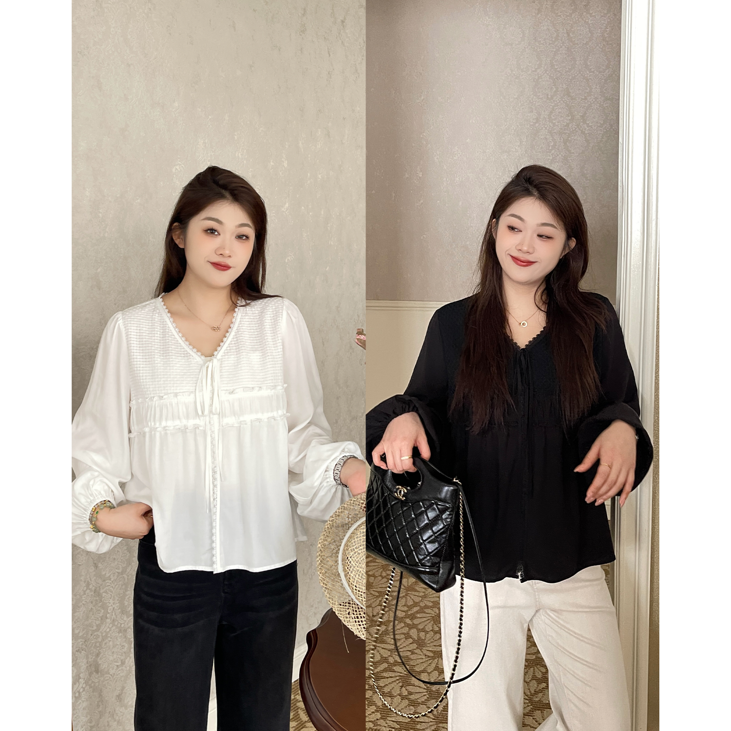 裂渡宣宣【油画少女】微胖大码女秋气质v领花边莱赛尔衬衫ZY507R33