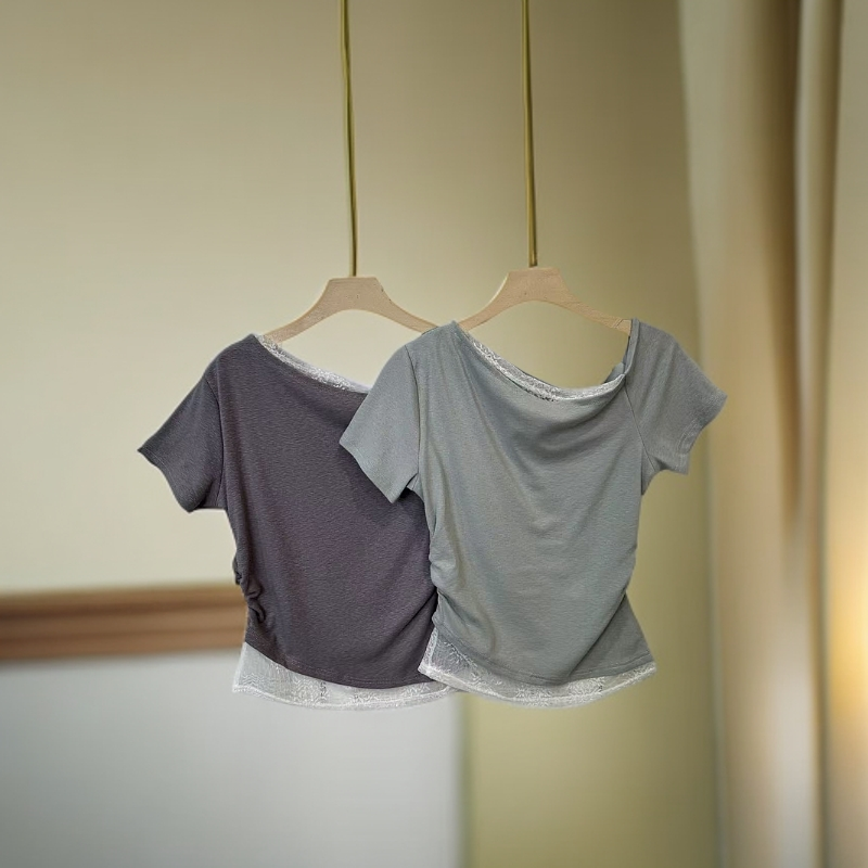 6550蕾丝拼接不规则上衣女款显瘦时尚百搭简约上衣