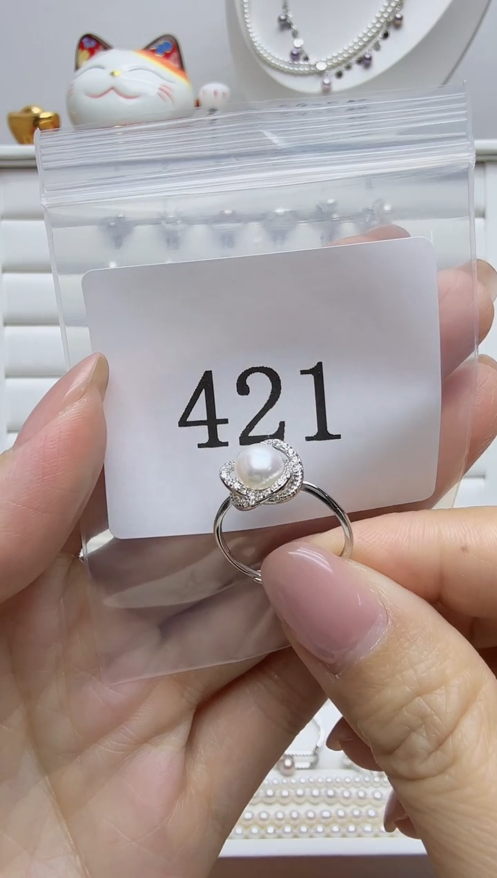 银S925镶嵌戒指淡水珍珠青*421