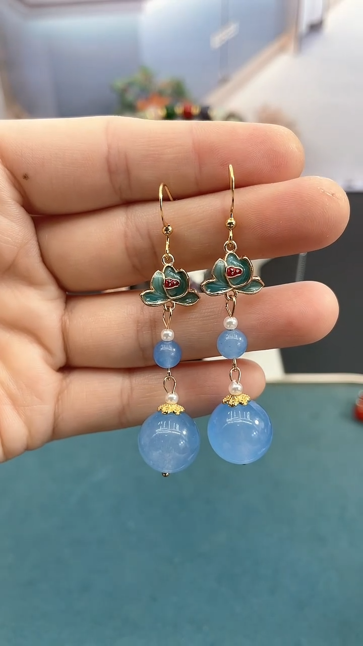 14K金镶嵌耳坠海蓝宝石海蓝荷花