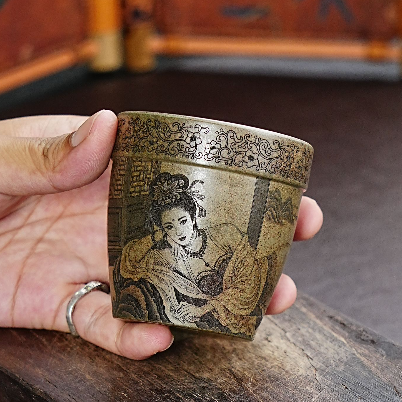 【3117关雎杯】宜兴原矿紫砂全手工高刻绘关雎 主人杯