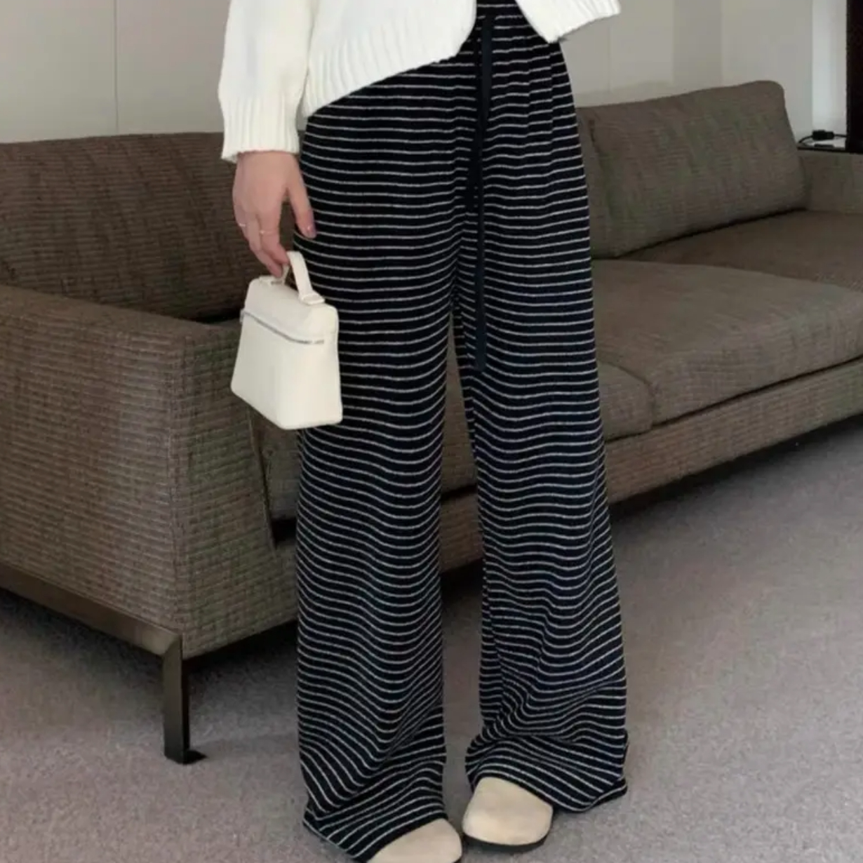 冬季条纹加绒直筒休闲裤