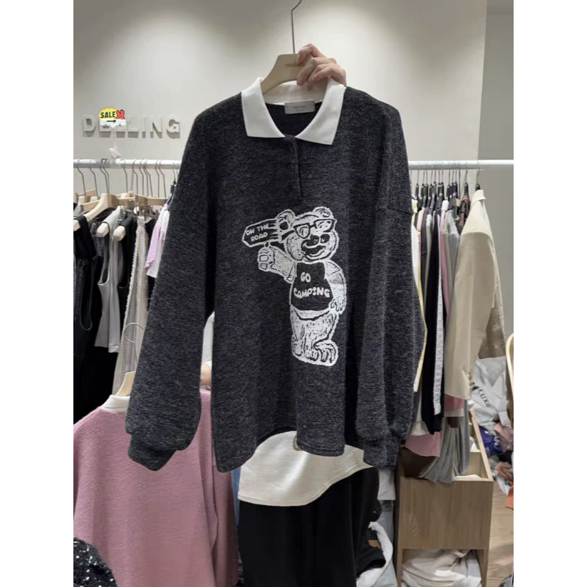 「涵涵家」韩系卡通小熊长袖翻领针织衫女宽松百搭休闲上衣#1312