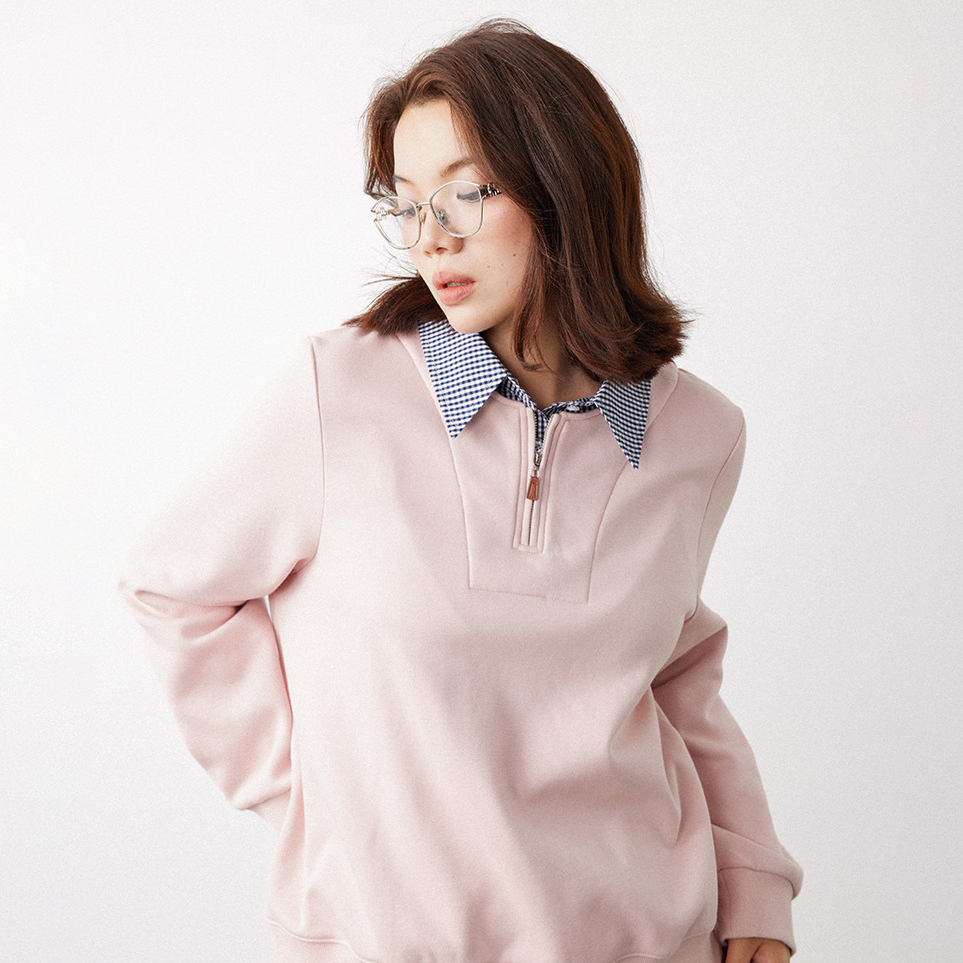 PLUSMALL 榛果奶芙 MIU系假两件拼接格子衬衫领卫衣PLUS2510063