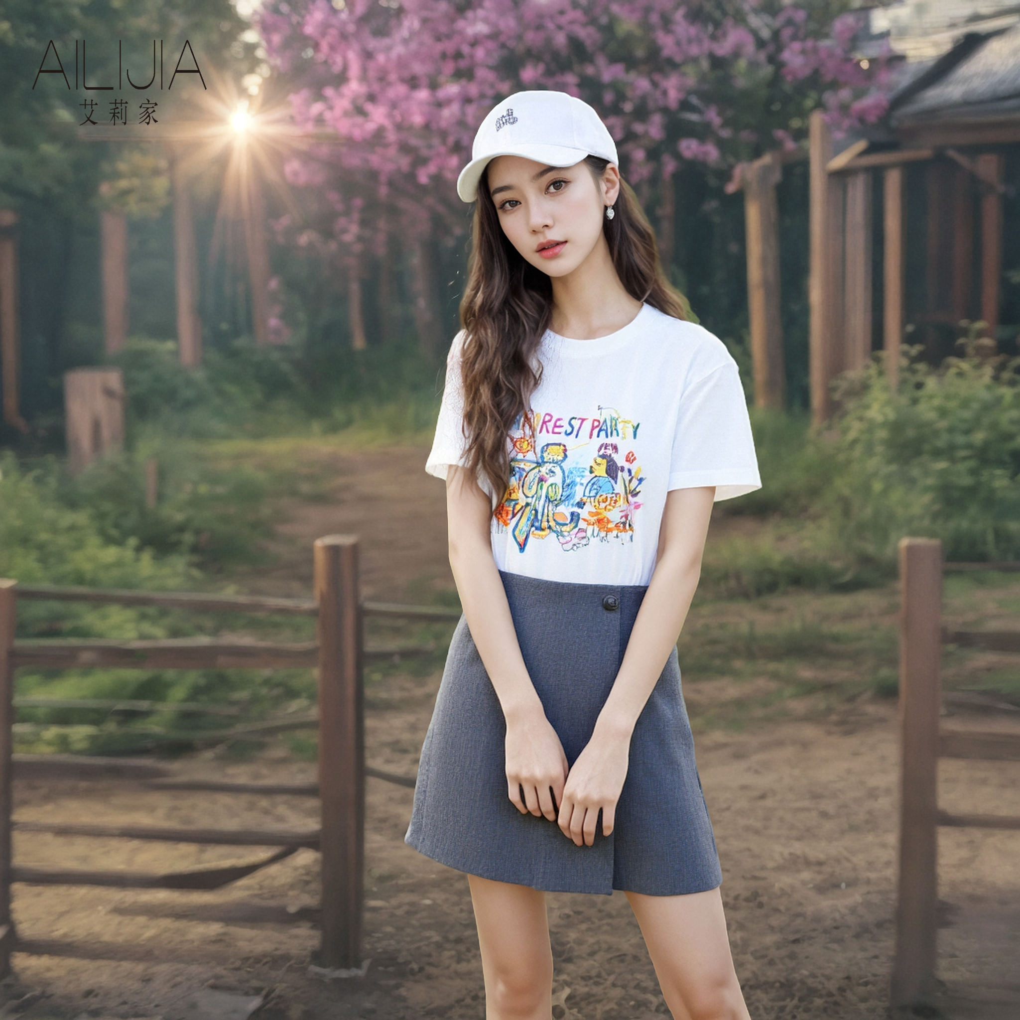 艾莉家夏季新款涂鸦短袖T恤显瘦正肩圆领白色短袖打底衫女
