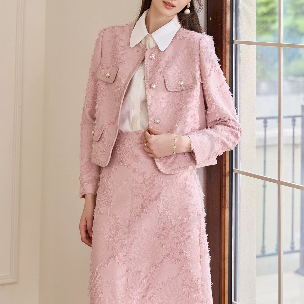 温柔粉色流苏小香风套装2025春新款提花外套半裙两件套11312