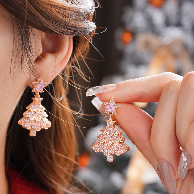 足银耳饰 浪漫圣诞树耳环轻奢高级感百搭耳钉