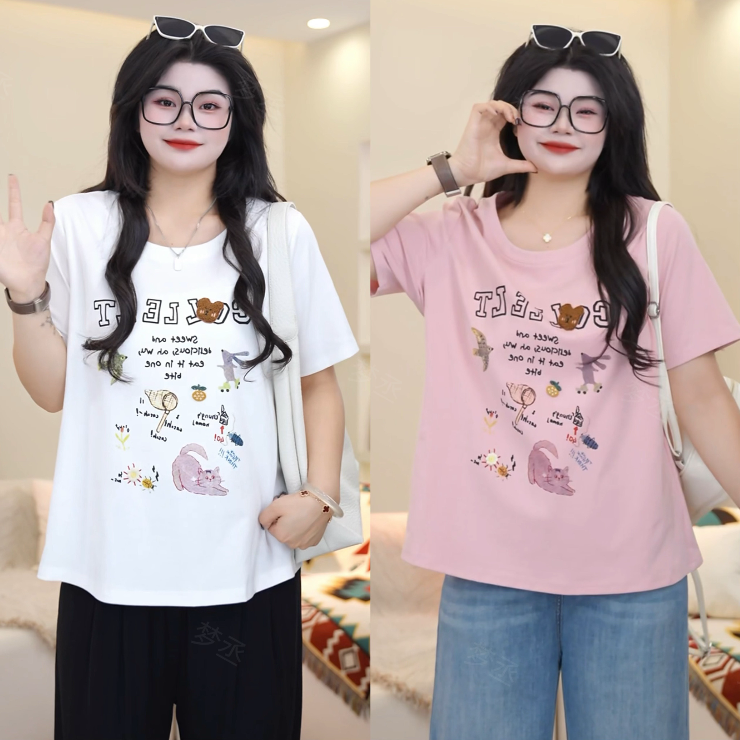 梦丞【趣玩夏日】大码女装夏季设计感小熊与猫咪涂鸦小众短袖T恤女