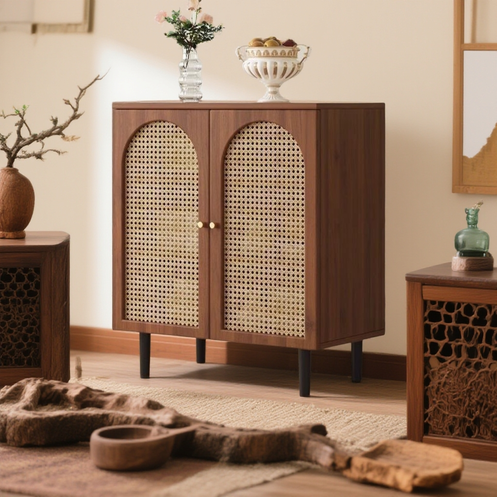 法式餐边柜现代简约藤编储物柜子家用餐厅茶水柜厨房收纳橱柜边柜