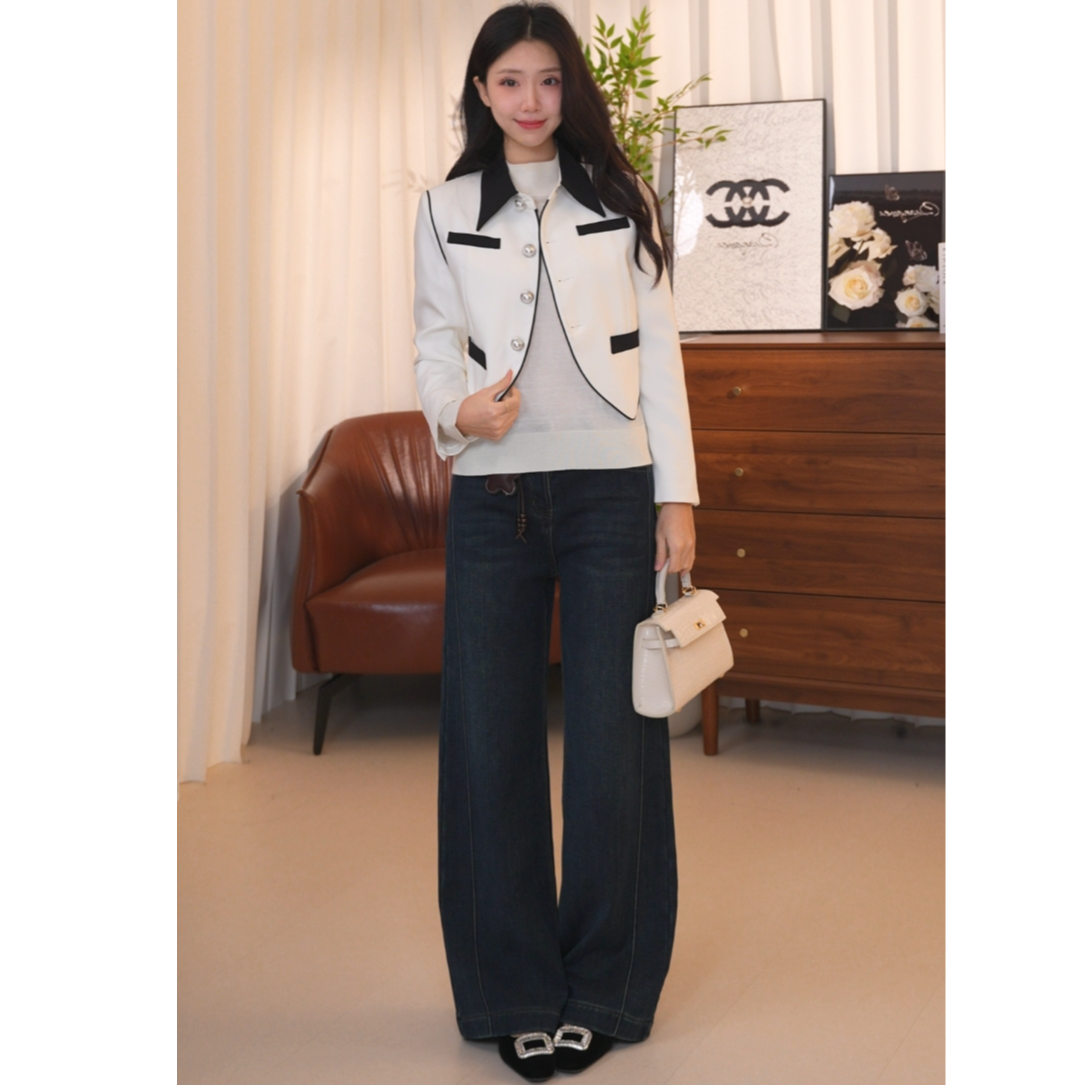 H193【朗】春装法式撞色小香风白色短外套上衣女小众设计感