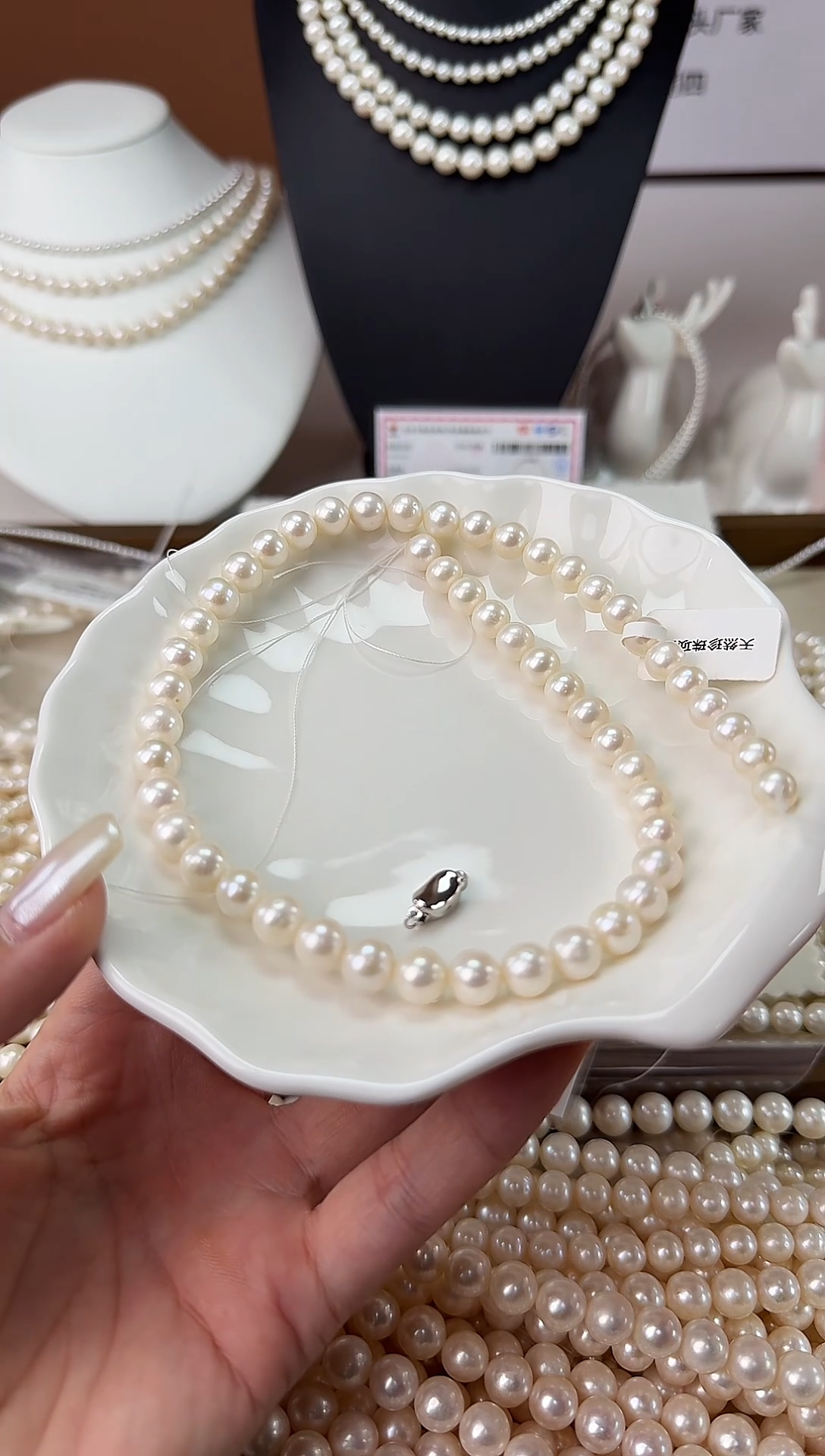 颈饰银S925镶嵌淡水珍珠7.5-8mm天然淡水珍珠项链48cm