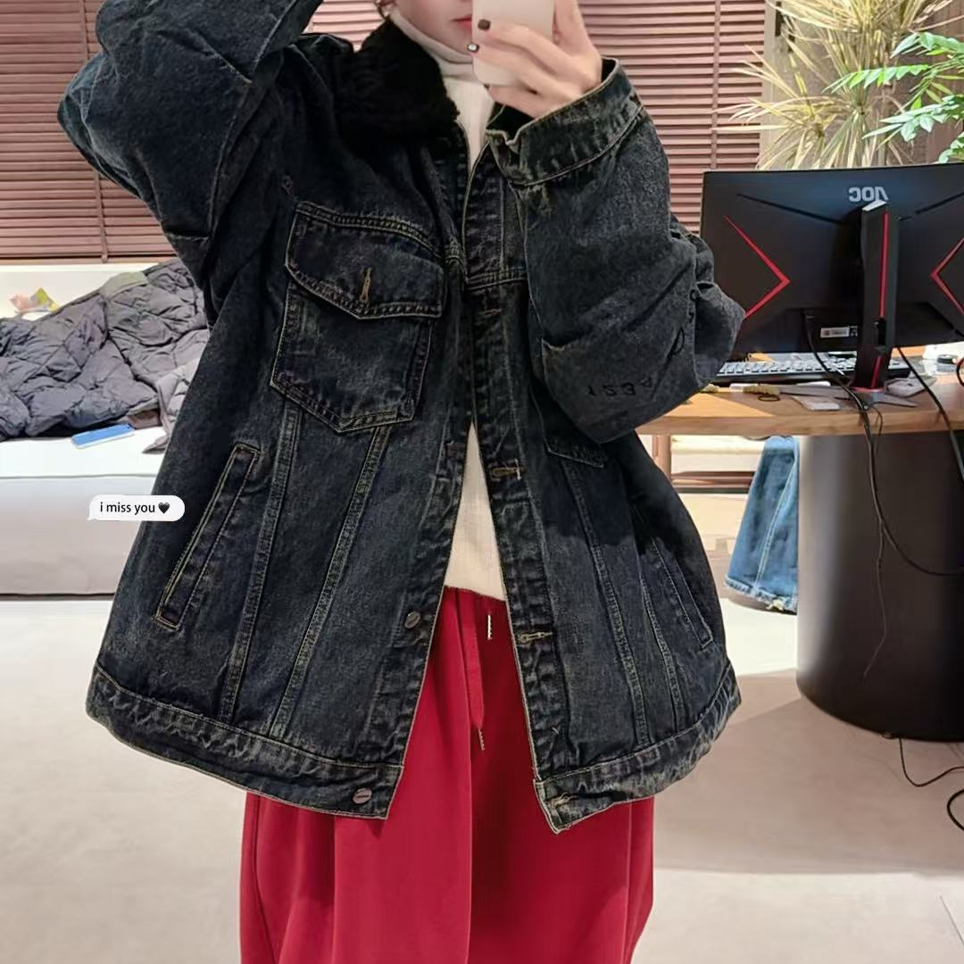 【林五五定制】2025冬款潮流做旧廓形毛领加绒牛仔羽绒服257570