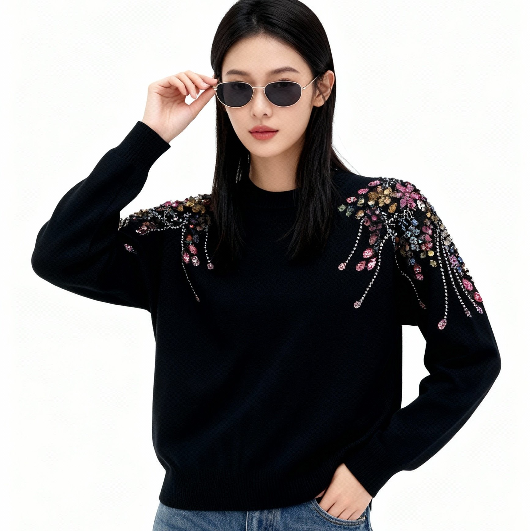 时尚百搭黑色花卉长袖圆领上衣针织衫-9603-A246