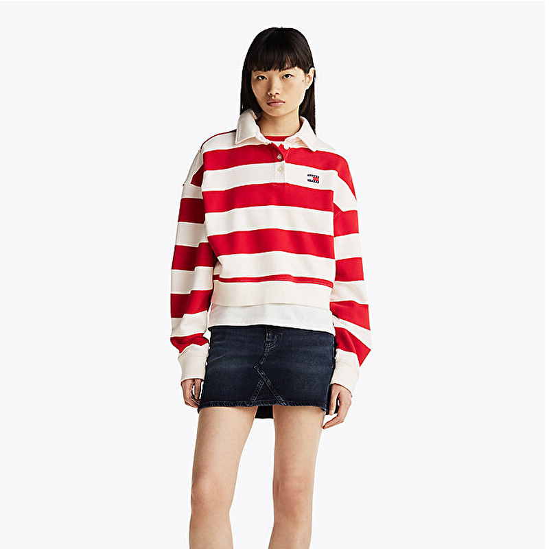 TOMMY HILFIGER经典logo休闲纯棉翻领短款红白条纹长袖上衣