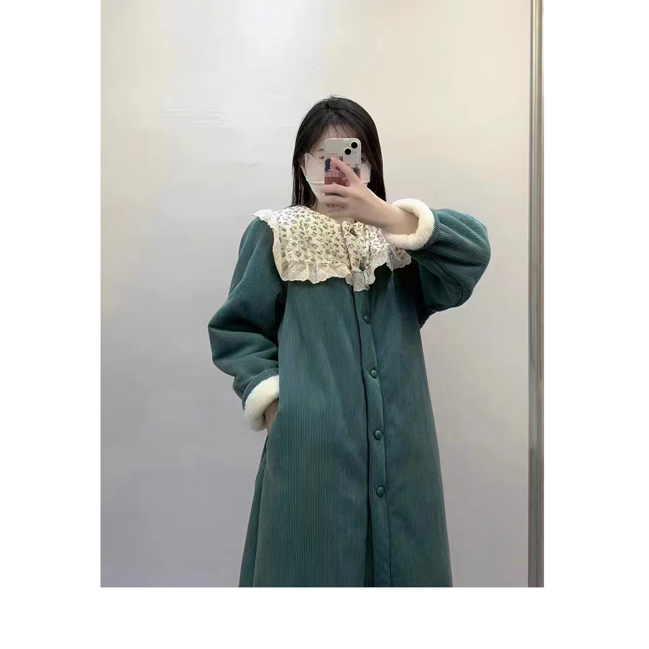 女款加厚保暖灯芯绒碎花领长袍秋冬冬季加绒家居服（可外穿）
