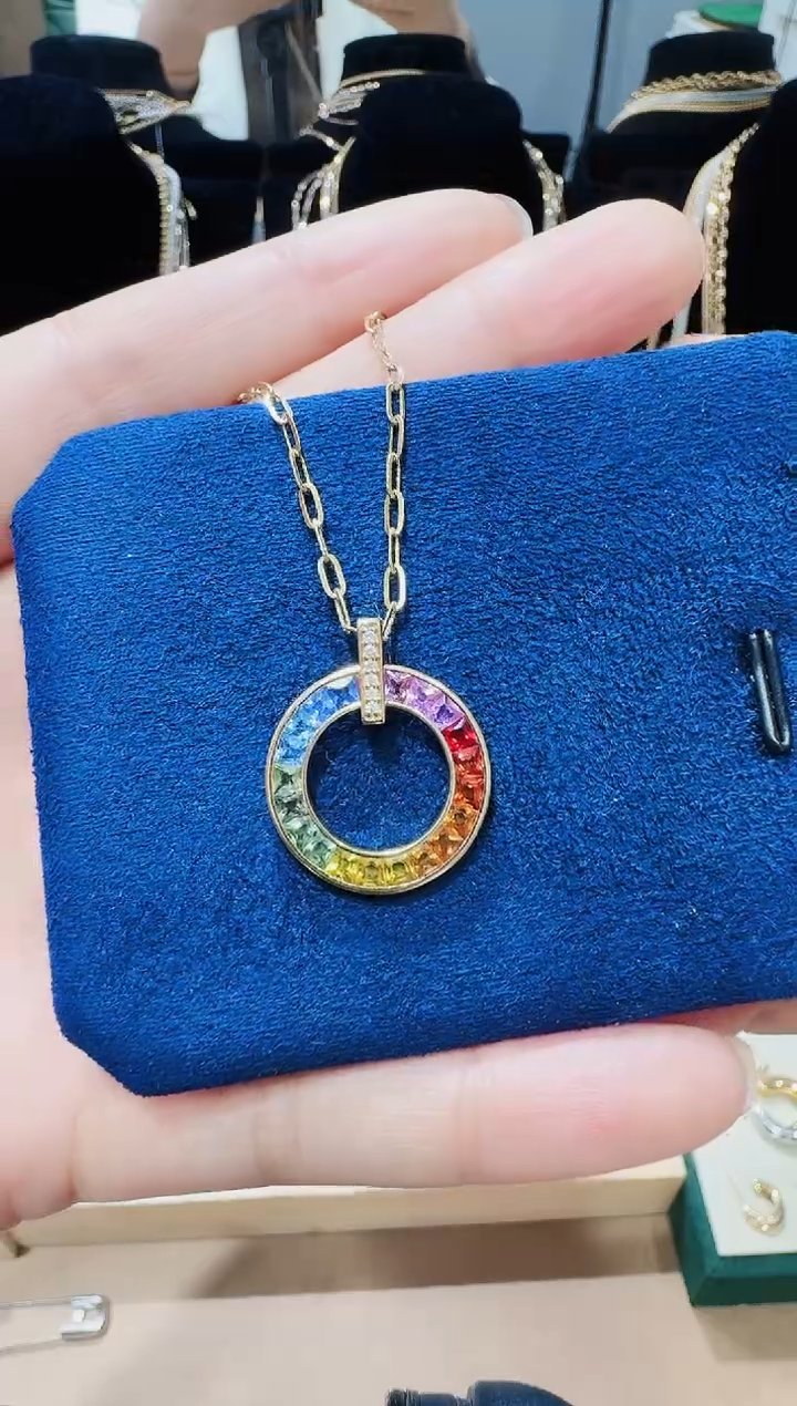 【闪购商品】彩色蓝宝石吊坠不含链18K金镶嵌彩虹吊坠