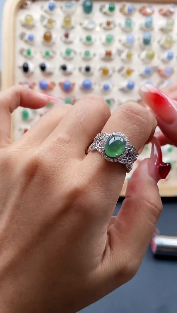 【闪购商品】翡翠戒指银S925镶嵌缅甸天然A货翡翠111 10+