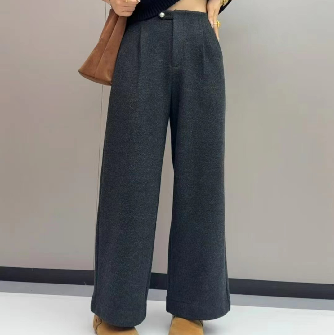 冬季加绒简约百搭显瘦高腰松紧腰宽松简约高腰直筒阔腿裤