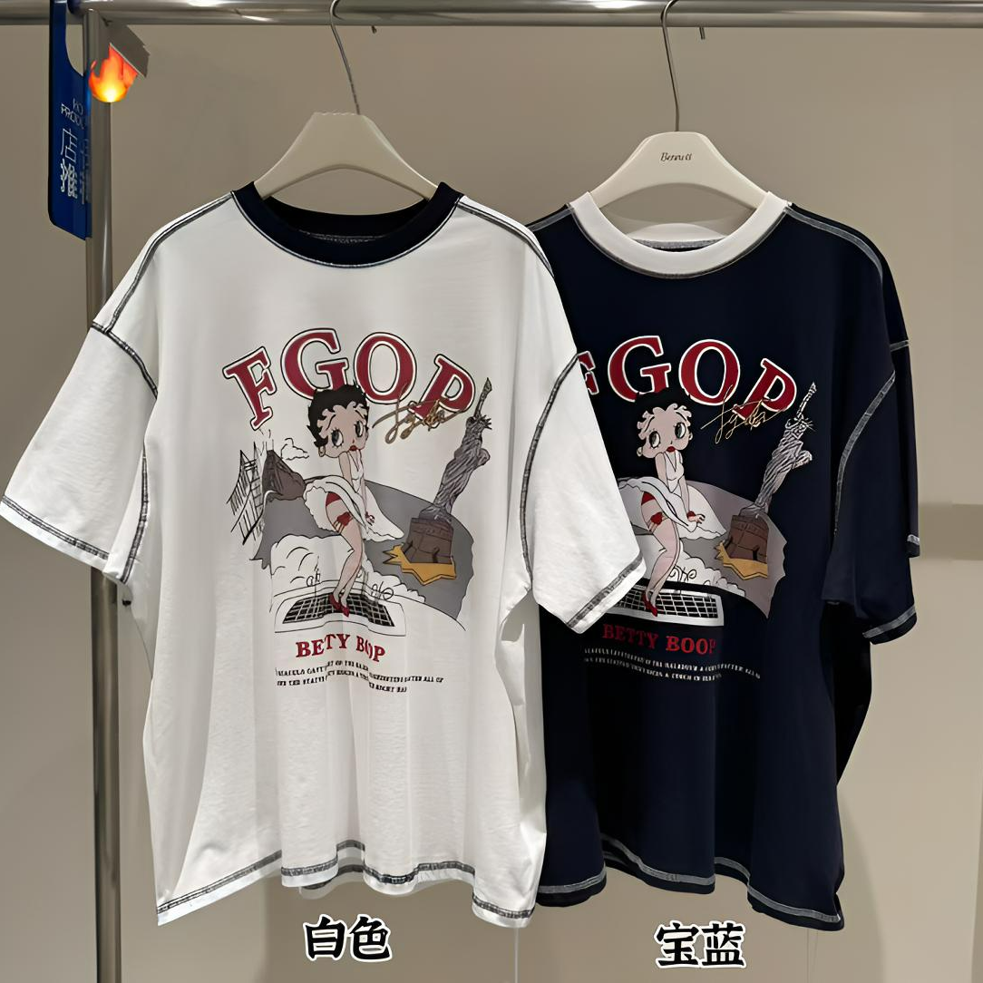 【SSOUHAN】明线卡通贝蒂大字母T恤韩版ins休闲宽松