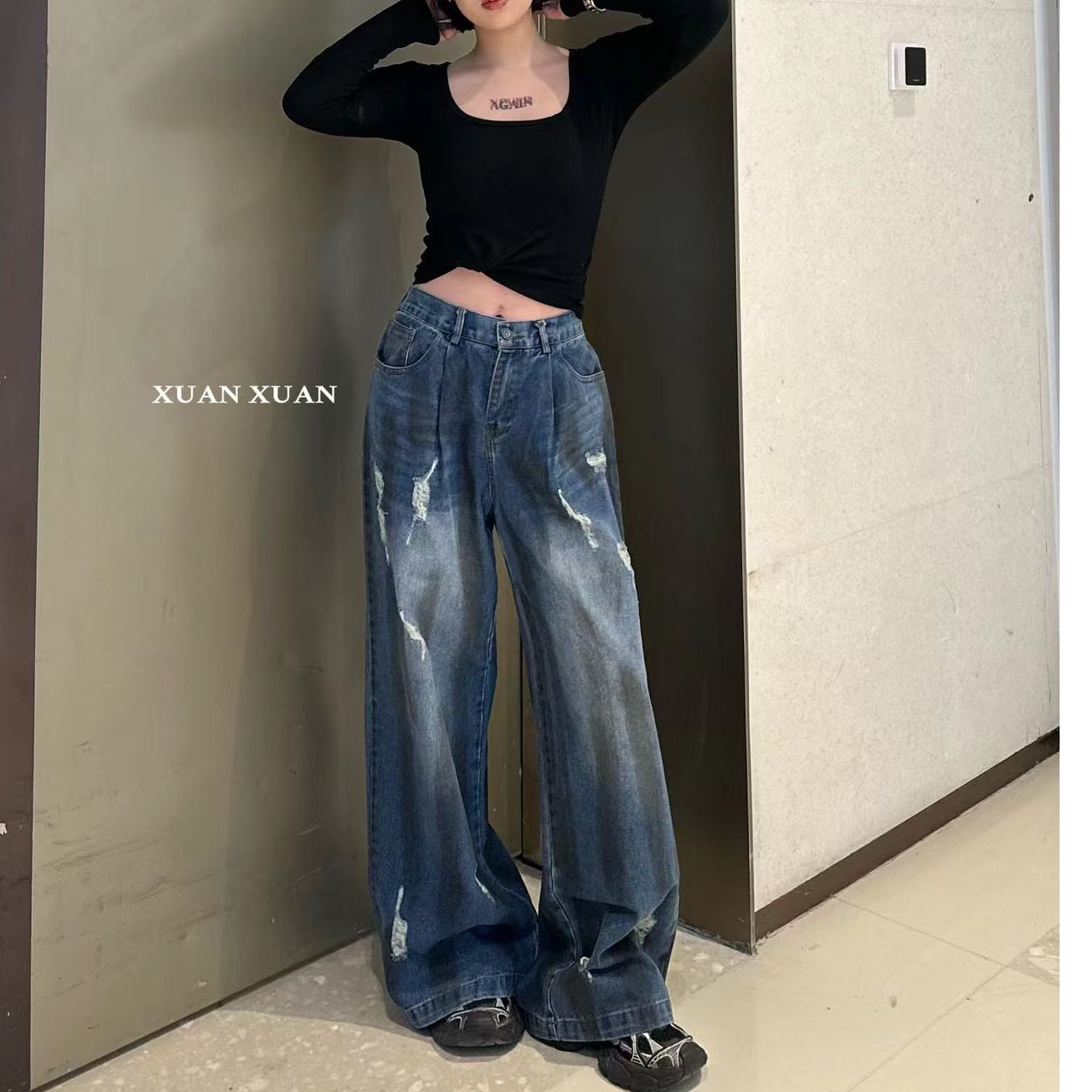 D6605新款欧货高腰显瘦重工水墨洋气设计感牛仔拖地裤