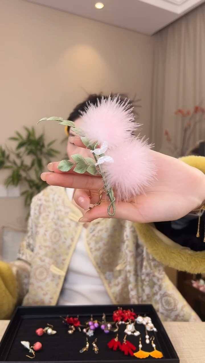 刺绣合欢花绒花u钗