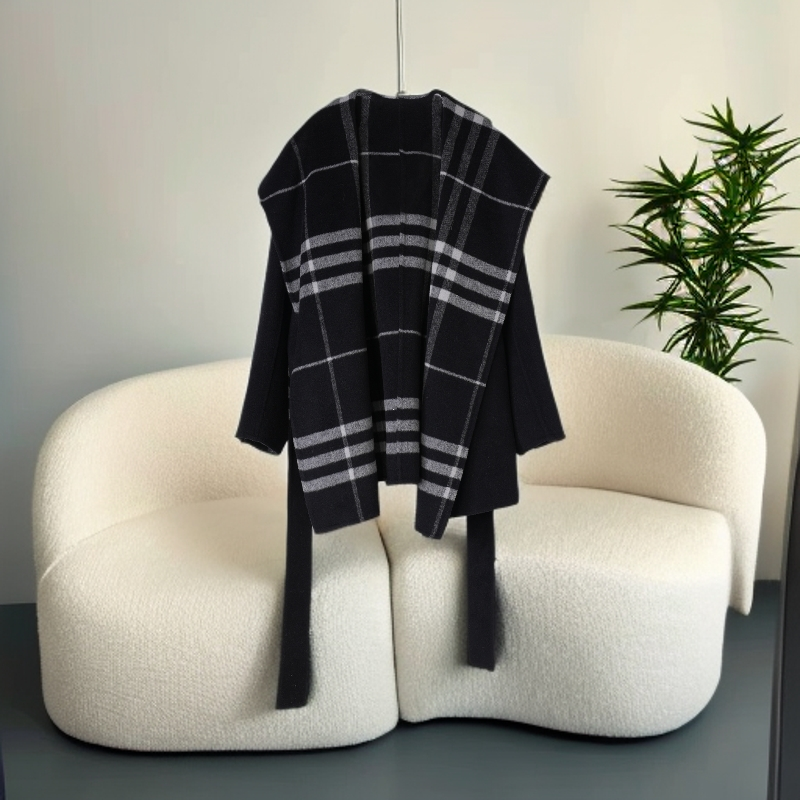 张婧仪同款苏针织时尚百搭羊绒力羊驼毛黑色格纹双面呢大衣1377